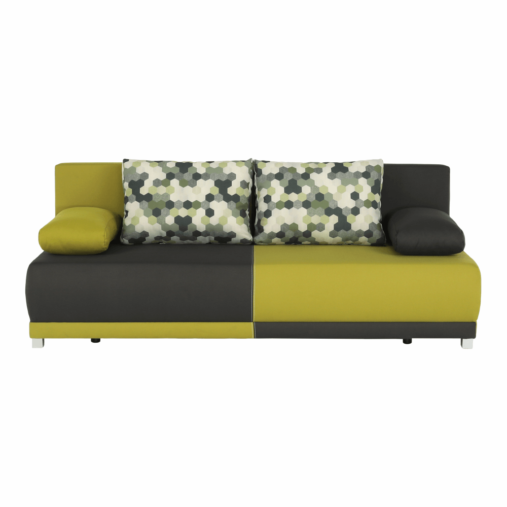 kinyitható kanapé,  szürke/zöld/minta párnák,  SPIKER