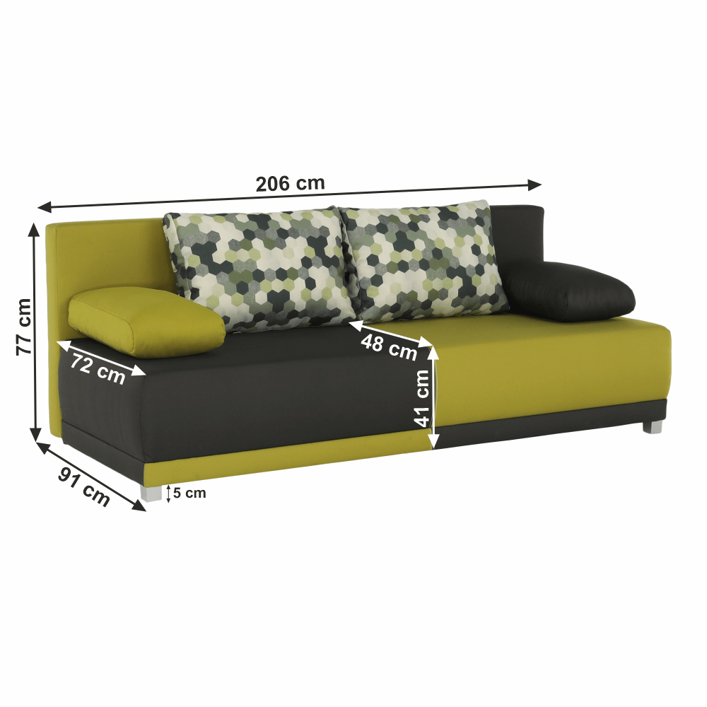 kinyitható kanapé,  szürke/zöld/minta párnák,  SPIKER
