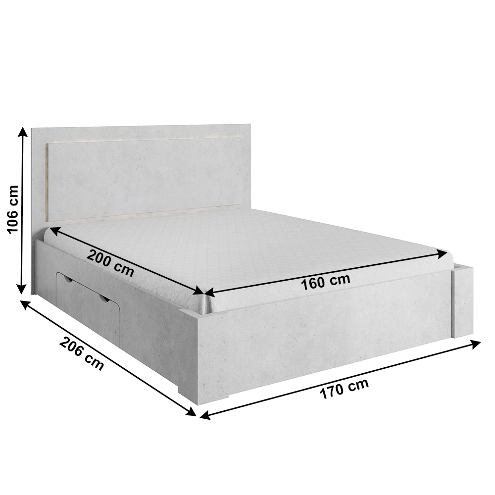 Hálószoba készlet (ágy+2x éjjeliszekrény+szekrény), szürke beton, ALDEN