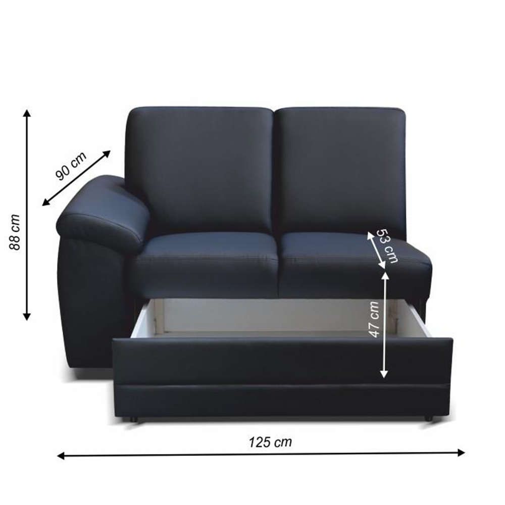 2- személyes kanapé rakodótérrel, textilbőr fekete, balos, BITER 2 1B ZS