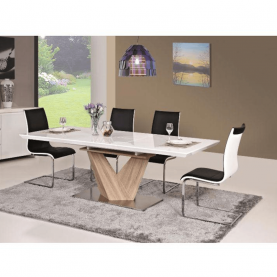 Étkezőasztal, nyitható, MDF+acél, fehér extra HG/tölgy sonoma, 160x90 cm, DURMAN