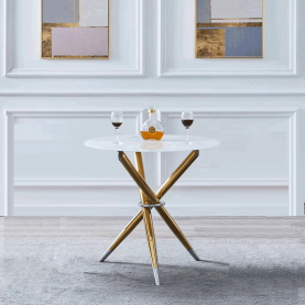 Étkezőasztal/dohányzóasztal, fehér/gold króm arany, átmérő 80 cm, DONIO