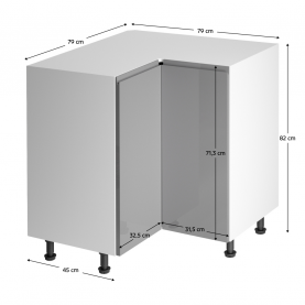 Alsó sarokszekrény, fehér/szürke extra magasfényű, AURORA D90N