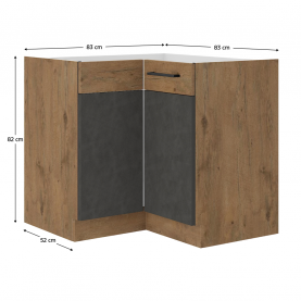 Alsó sarokszekrény, szürke matt/tölgy lancelot, VEGA 90x90 DN 1F BB Alsó sarokszekrény, szürke matt/tölgy lancelot, VEGA 90x90 DN 1F BB
