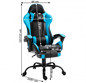Irodai/gamer fotel lábtartóval, fekete/kék, TARUN