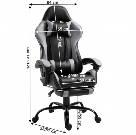 Irodai/gamer fotel lábtartóval, fekete/szürke, TARUN