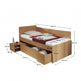 Ágy ágyneműtartóval, bükk, 90x200 cm, OTO