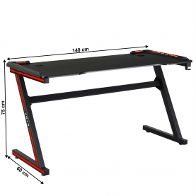 Gamer asztal/számítógépasztal, RGB LED világítással, fekete/piros, MACKENZIE 140cm