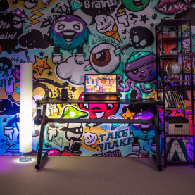 Gamer asztal/számítógépasztal, RGB LED világítással, fekete/piros, MACKENZIE 140cm