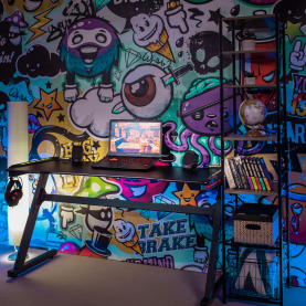 Gamer asztal/számítógépasztal, RGB LED világítással, fekete/piros, MACKENZIE 140cm