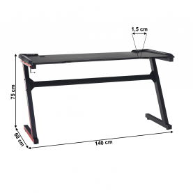 Gamer asztal/számítógépasztal, RGB LED világítással, fekete/piros, MACKENZIE 140cm