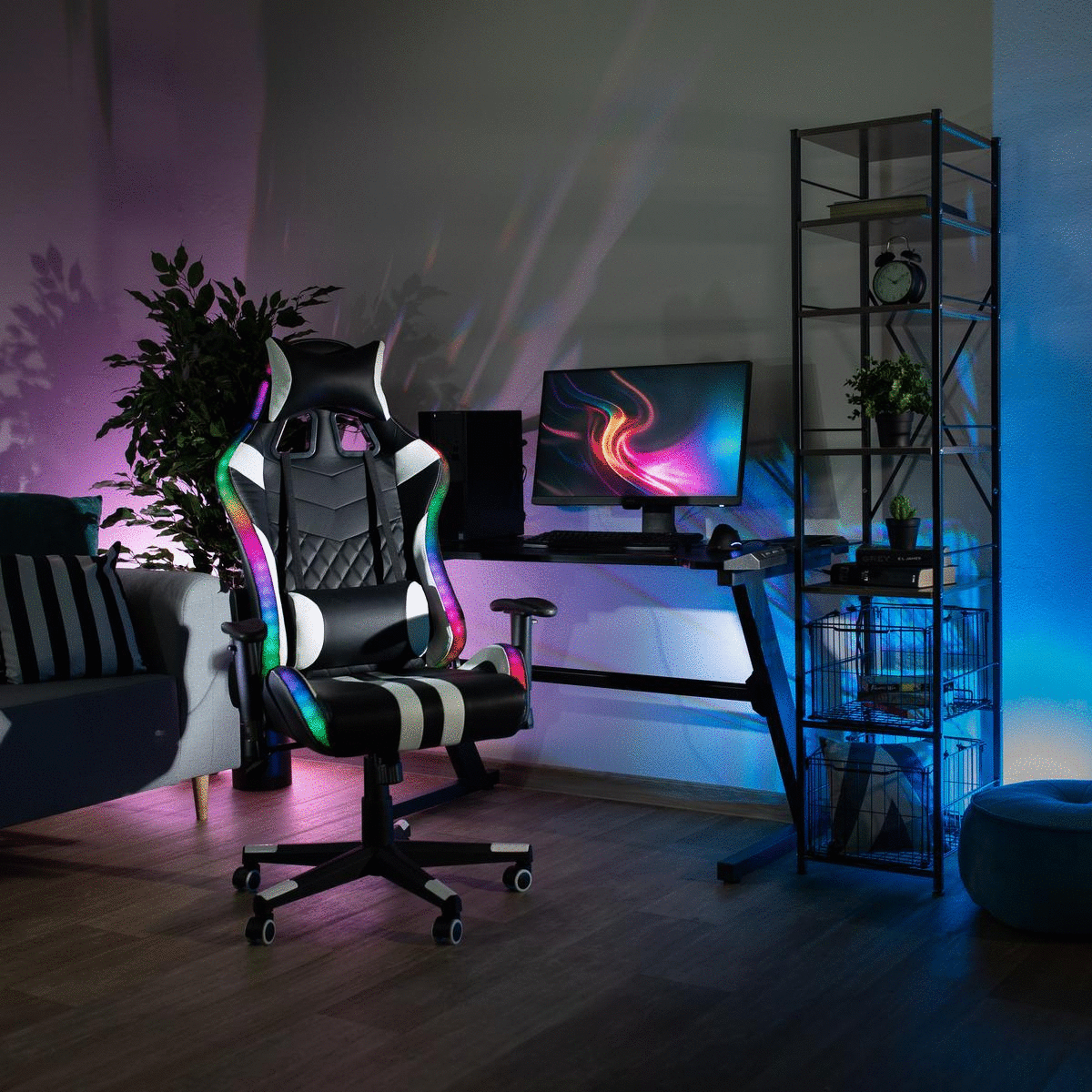 Irodai/gamer szék RGB háttérvilágítással, fekete/fehér/színes minta, ZOPA