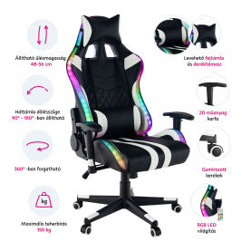 Irodai/gamer szék RGB háttérvilágítással, fekete/fehér/színes minta, ZOPA