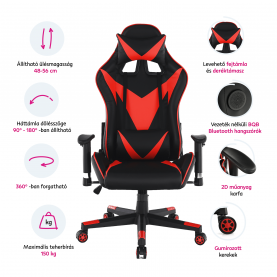 Irodai/gamer szék Bluetooth hangszórókkal, fekete/piros, CARPI