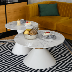 Dohányzóasztalok, 2 db-os szett, fehér márvány/fehér/arany, acél, MABUZ Dohányzóasztalok, 2 db-os szett, fehér márvány/fehér/arany, acél, MABUZ