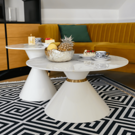 Dohányzóasztalok, 2 db-os szett, fehér márvány/fehér/arany, acél, MABUZ Dohányzóasztalok, 2 db-os szett, fehér márvány/fehér/arany, acél, MABUZ