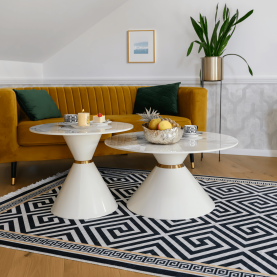 Dohányzóasztalok, 2 db-os szett, fehér márvány/fehér/arany, acél, MABUZ Dohányzóasztalok, 2 db-os szett, fehér márvány/fehér/arany, acél, MABUZ