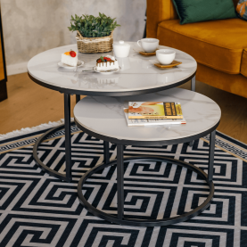 Dohányzóasztalok, 2 db-os szett, fehér márvány/fekete acél, LASTRO Dohányzóasztalok, 2 db-os szett, fehér márvány/fekete acél, LASTRO