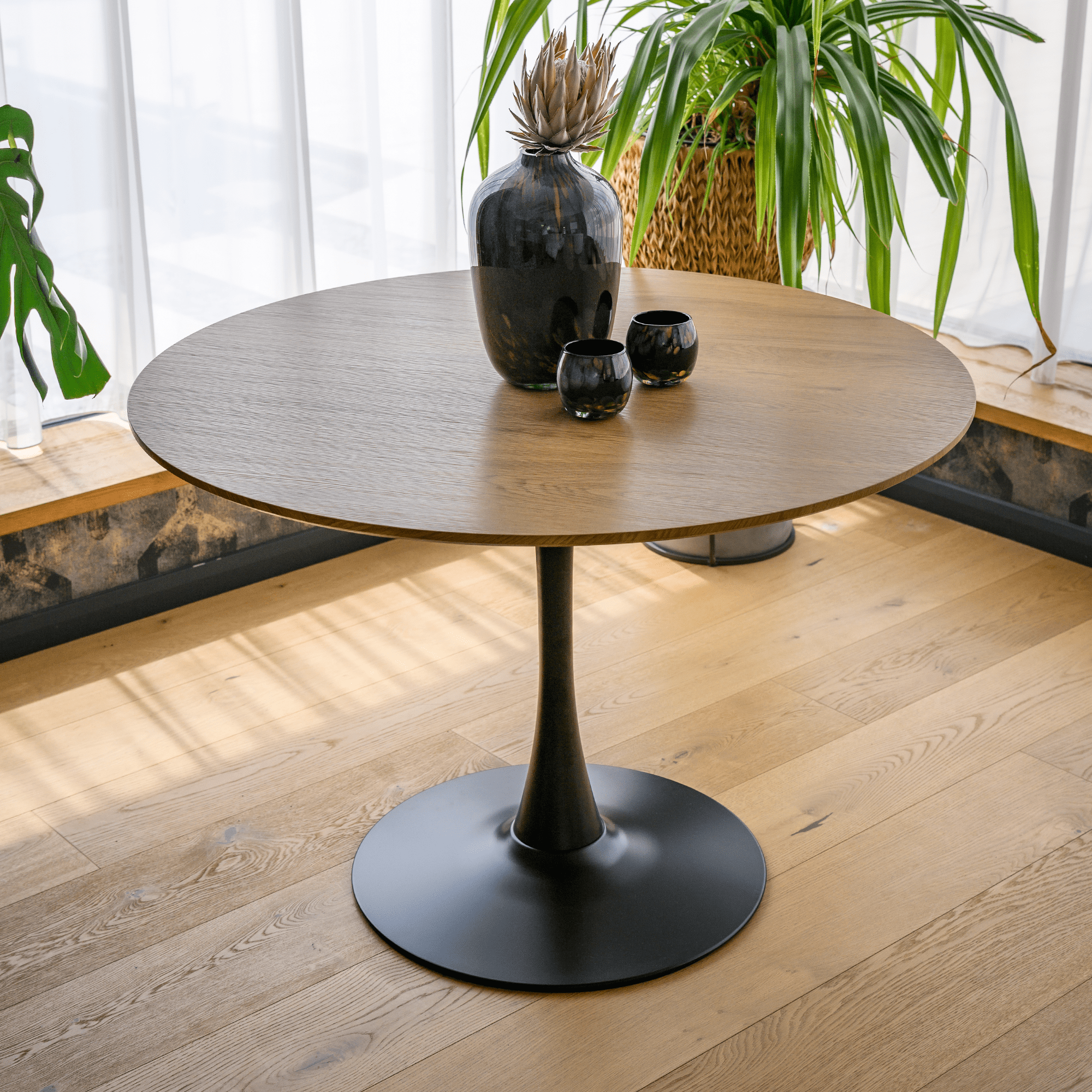 Étkezőasztal, kerek, tölgy/fekete, átmérő 110 cm, REVENTON NEW