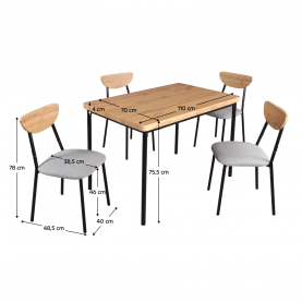 Étkezőgarnitúra 1+4, világos tölgy/szürke/fekete, MADIO Étkezőgarnitúra 1+4, világos tölgy/szürke/fekete, MADIO