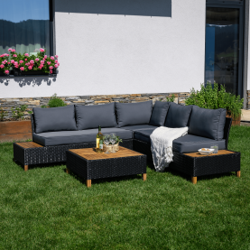 Kerti rattan szett. akácfa. fekete/szürke/természetes. MALKOM