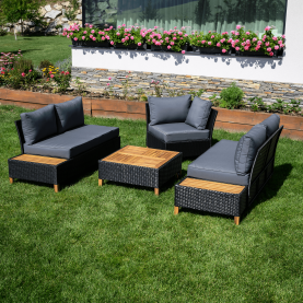 Kerti rattan szett. akácfa. fekete/szürke/természetes. MALKOM