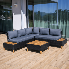 Kerti rattan szett. akácfa. fekete/szürke/természetes. MALKOM