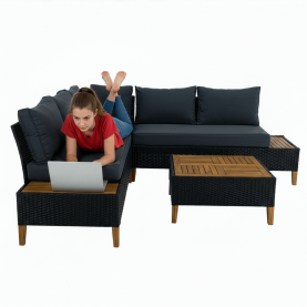 Kerti rattan szett. akácfa. fekete/szürke/természetes. MALKOM