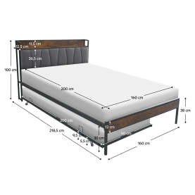 Ágy ágyráccsal és kihúzható pótággyal. 160x200. fekete/szürke. NORDO Ágy ágyráccsal és kihúzható pótággyal. 160x200. fekete/szürke. NORDO