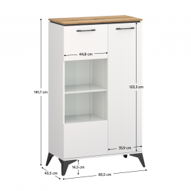 Alacsony vitrin. fehér/evoke tolgy. VELIS 1D1W