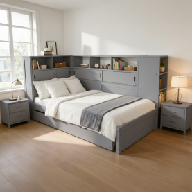 Ágy polcokkal és pótággyal. szürke. 90x200. LENDON