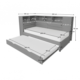 Ágy polcokkal és pótággyal. szürke. 90x200. LENDON