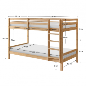 Emeletes ágy. 90x200. tomor fa. natúr. INEZA Emeletes ágy. 90x200. tomor fa. natúr. INEZA