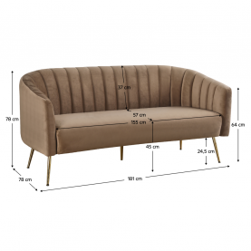 Design 3-as ülés kanapé. barna bársony szovet/arany króm-arany. BAGY