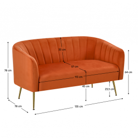 Design kétszemélyes kanapé. terrakotta Velvet szovet/gold króm-arany. BAGY