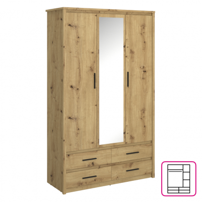 Szekrény tükörrel 3D4S, artisan tölgy, AIRON