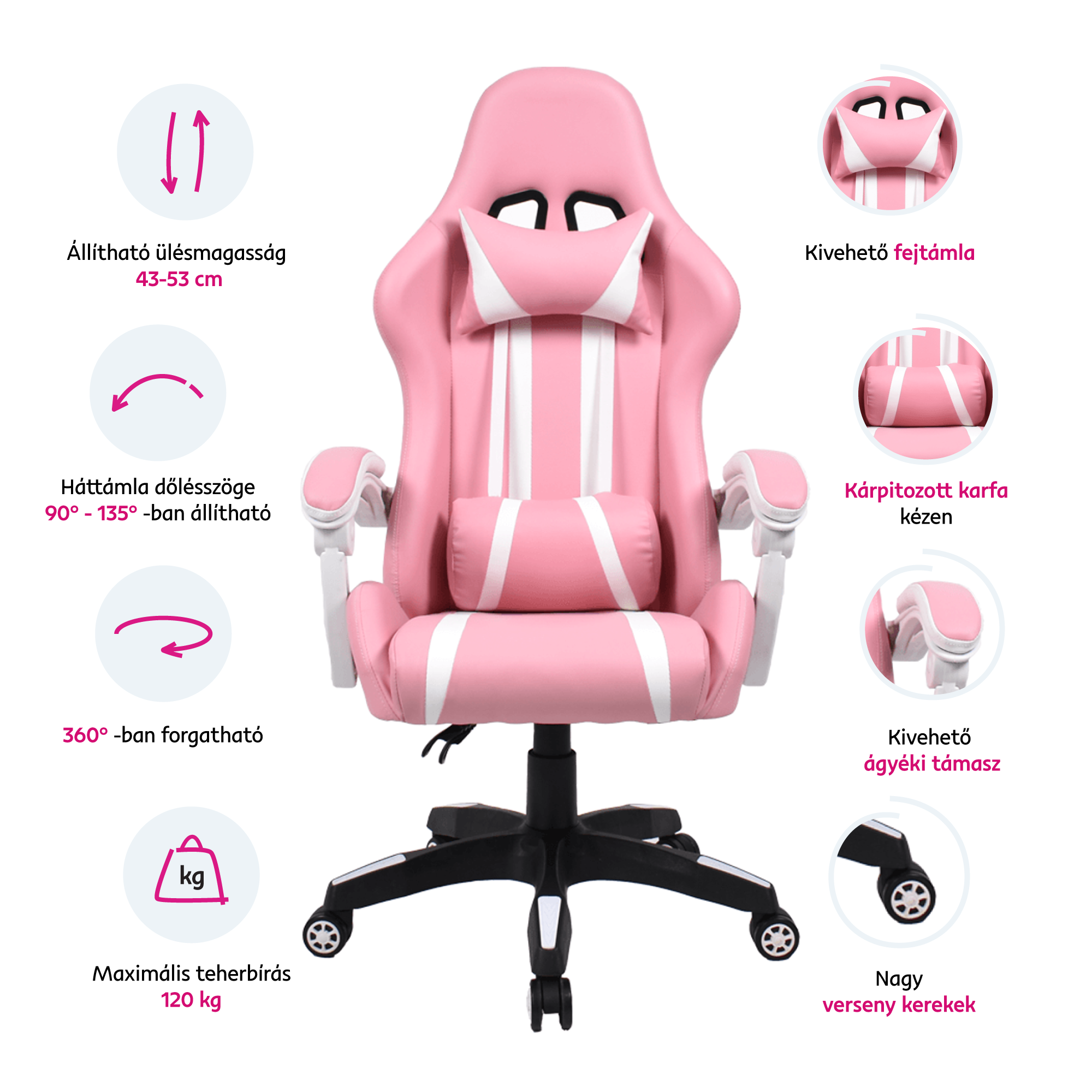 Irodai/gamer szék, rózsaszín/fehér, PINKY
